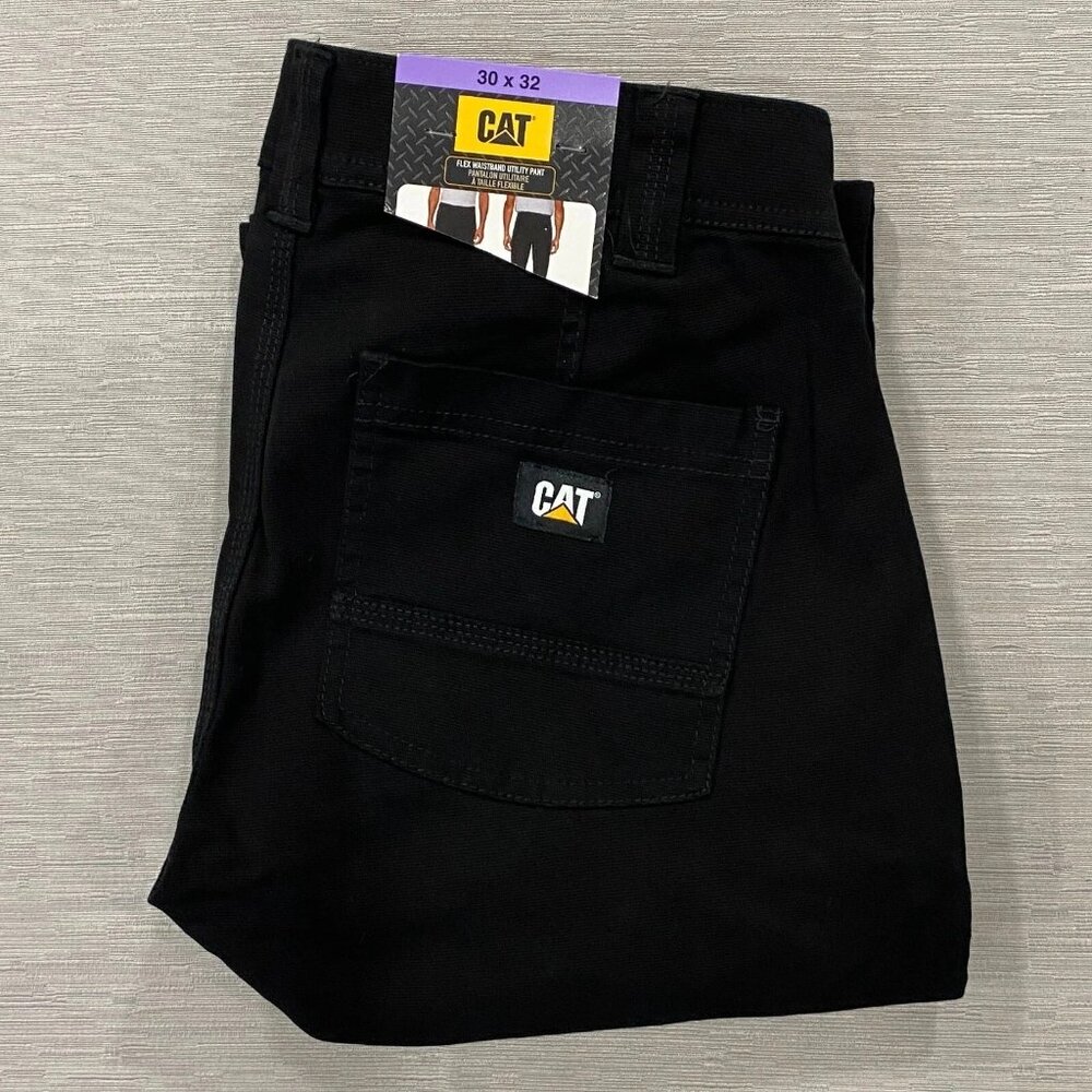 CAT Caterpillar Utility Work Pants Mens 30 x 32 Black Flex Waistband Cell Pocket